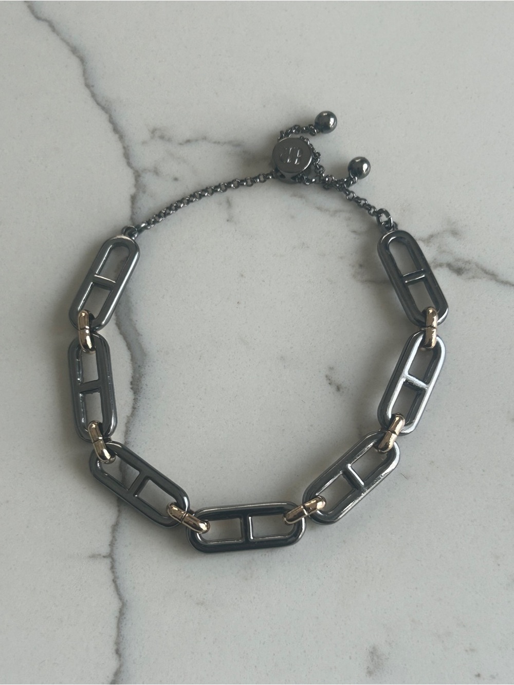 Bomb Party Pavé Link Chain Bracelet in Gunmetal and Gold Adjustable - Picture 3 of 3